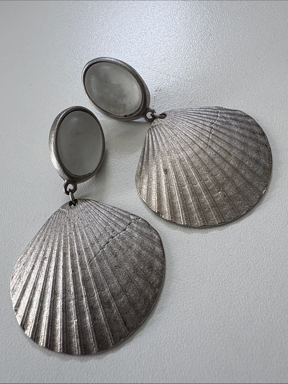 Silver Seashell Drop Earrings with Frosted Oval Tops